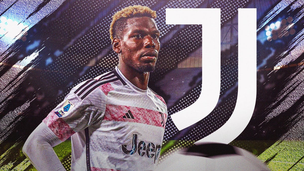 Paul Pogba in front of the Juventus logo