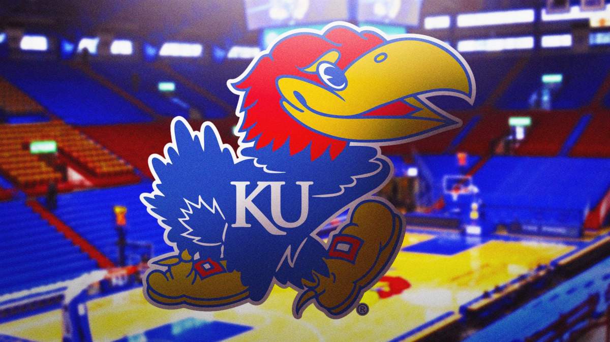 Kansas basketball, Jayhawks, Kansas basketball predictions, Bill Self, Hunter Dickinson, Kansas logo with Kansas arena in the background