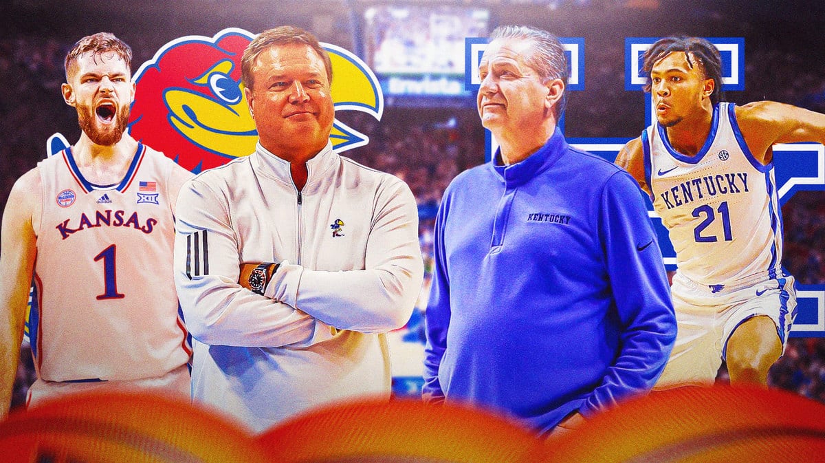 Bill Self, Hunter Dickonson (KU), Kansas logo, John Calipari, D.J Wagner, Kentucky logo.