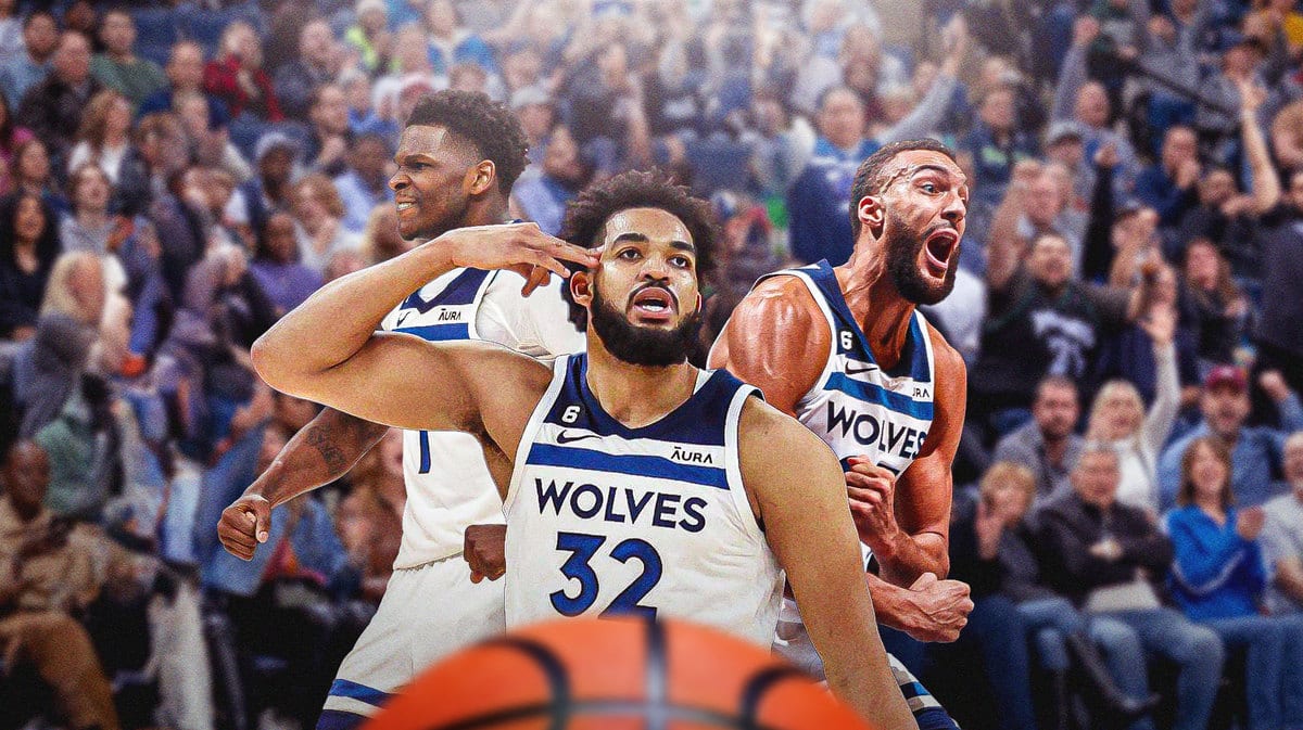 Timberwolves' Karl-Anthony Towns hyped up, with Anthony Edwards and Rudy Gobert celebrating beside him and a hyped up Target Center crowd in the background