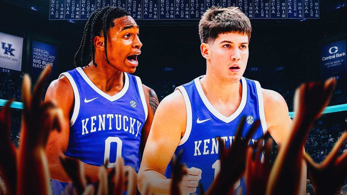 Kentucky basketball, Wildcats, Jim Larrañaga, Reed Sheppard, Rob Dillingham, Reed Sheppard and Rob Dillingham in Kentucky unis with Kentucky basketball arena in the background