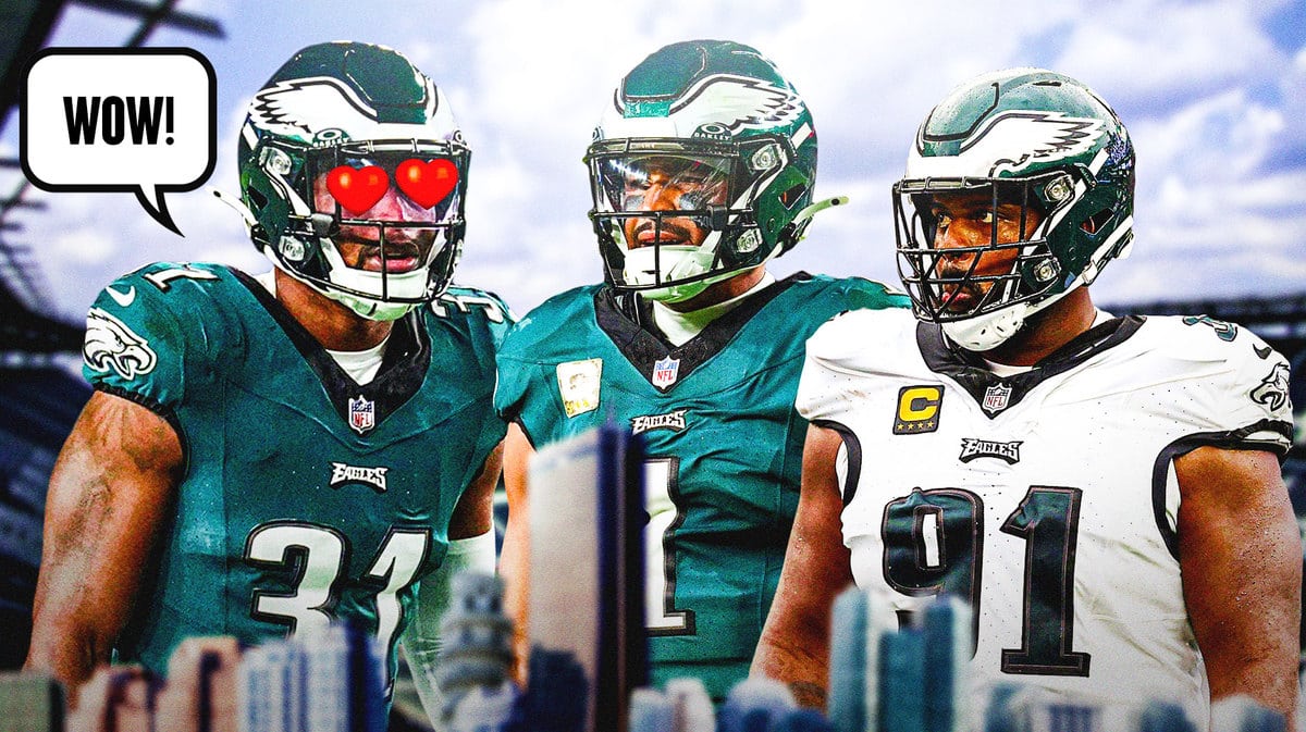 Thumb: Kevin Byard saying, “Wow!” With heart eyes while looking at Eagles' Jalen Hurts, Fletcher Cox.