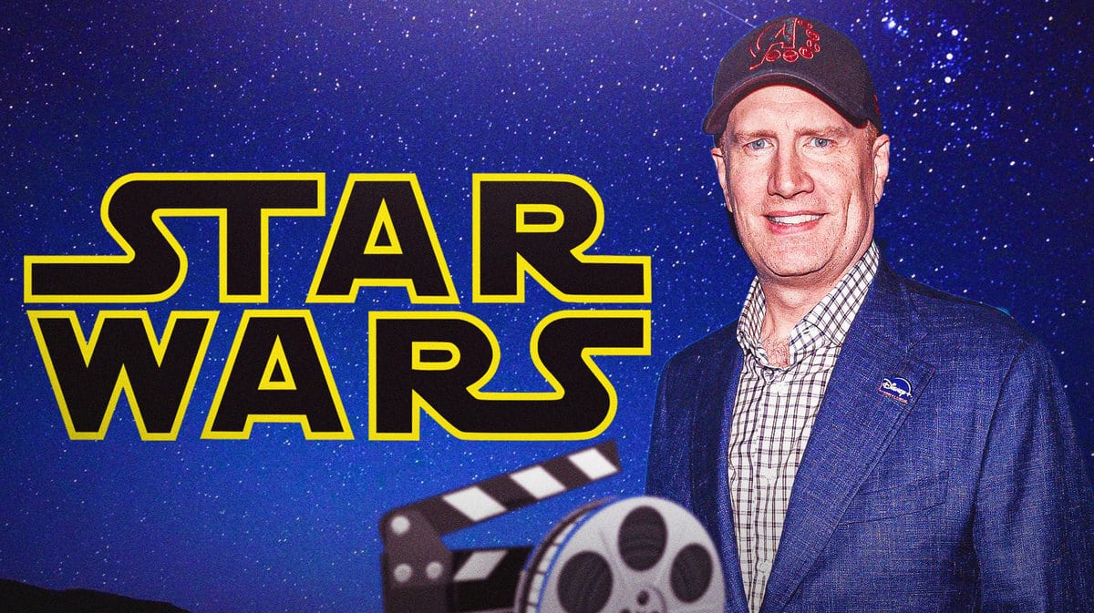 Star Wars logo and Kevin Feige in space.