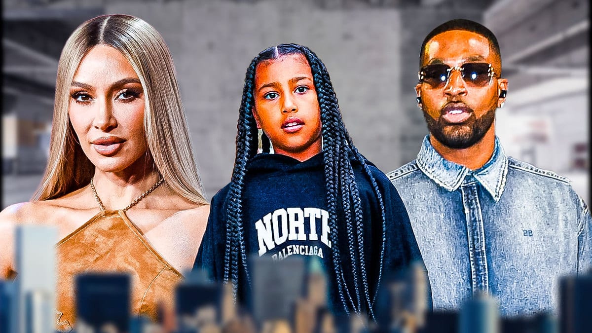 Kim Kardashian, North West and Tristan Thompson with a city below them