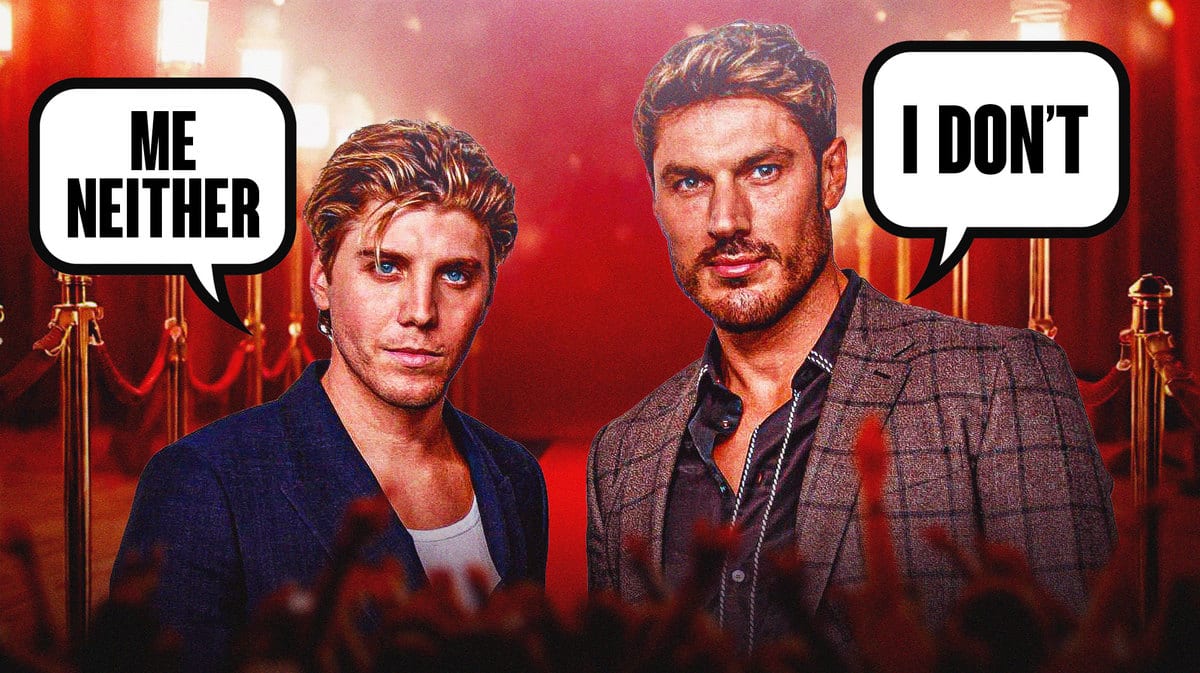 Lukas Gage and Chris Appleton standing in front of a red carpet, with Appleton having a speech bubble “I don’t” and Gage having a speech bubble, “Me neither”