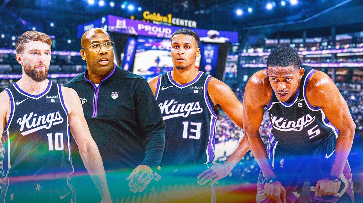 Kings' Domantas Sabonis, Keegan Murray, and Mike Brown all looking sad, with De’Aaron Fox holding onto his ankle in pain on the right