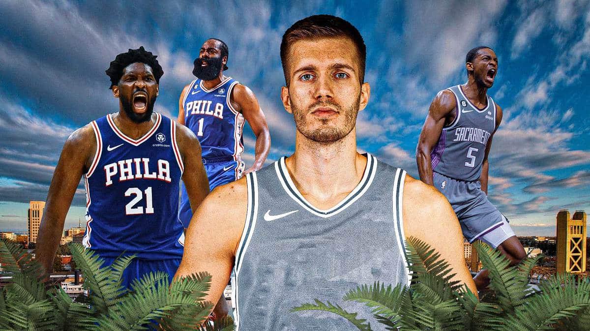 Filip Petrusev wearing a blank white jersey, with Kings' De’Aaron Fox, Clippers' James Harden and Sixers' Joel Embiid looking at Petrusev