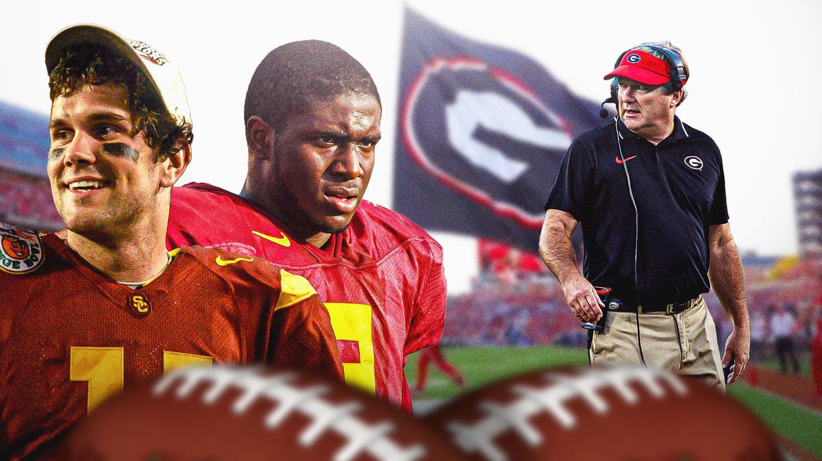 Georgia Football coach Kirby Smart looking at Reggie Bush and Matt Leinart