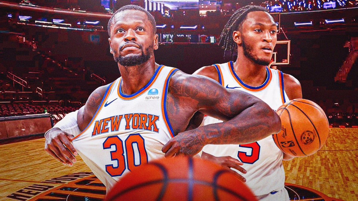 New York Knicks stars Julius Randle and Immanuel Quickley in front of Madison Square Garden.
