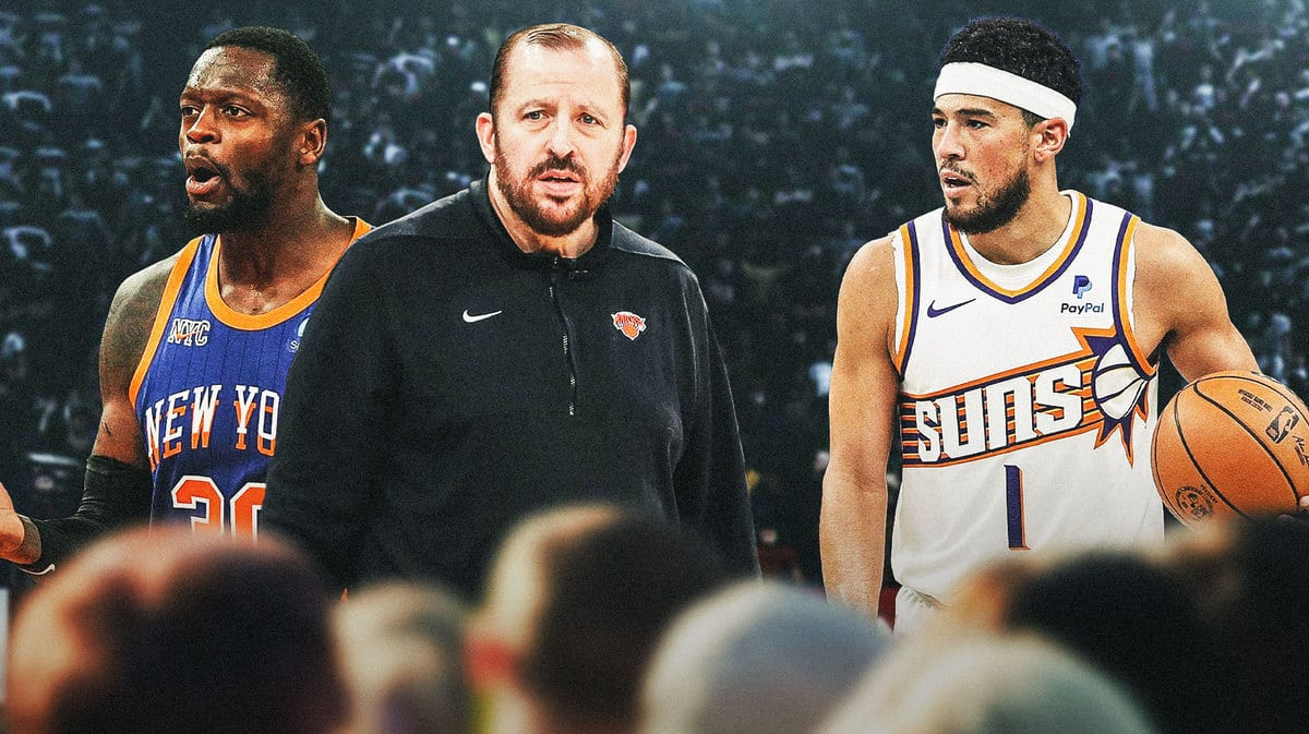 NY Knicks Tom Thibodeau in middle of image, with Knicks' Julius Randle on one side and Phoenix Suns' Devin Booker on the other side