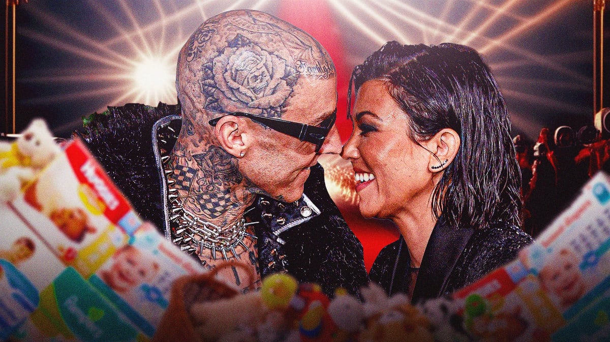 Kourtney Kardashian and Travis Barker with baby items around them