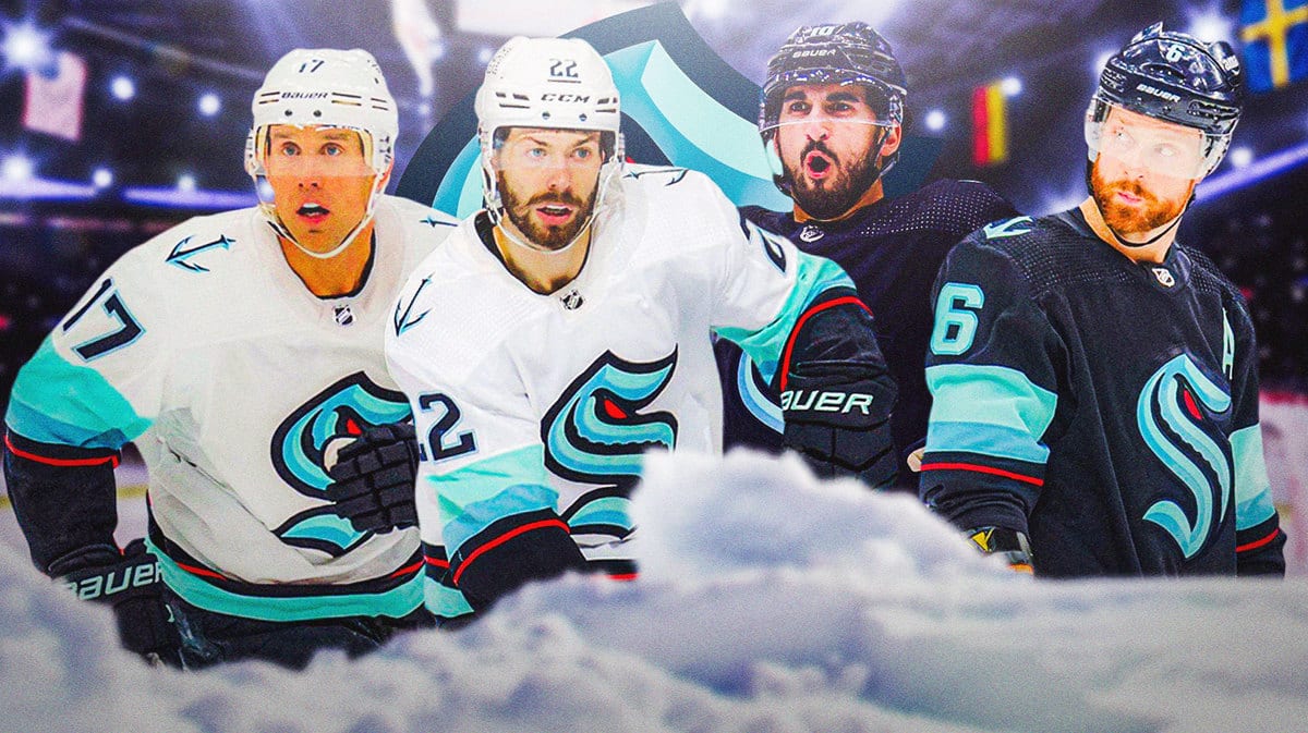 Jaden Schwartz, Oliver Bjorkstrand, Matty Beniers and Adam Larsson all in image, SEA Kraken logo, hockey rink in background