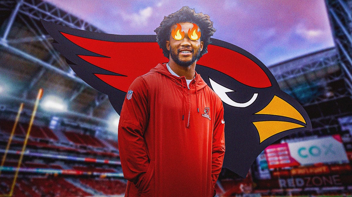 Kyler Murray with the Cardinals logo in the background. Have fire emojis on Murray’s eyes