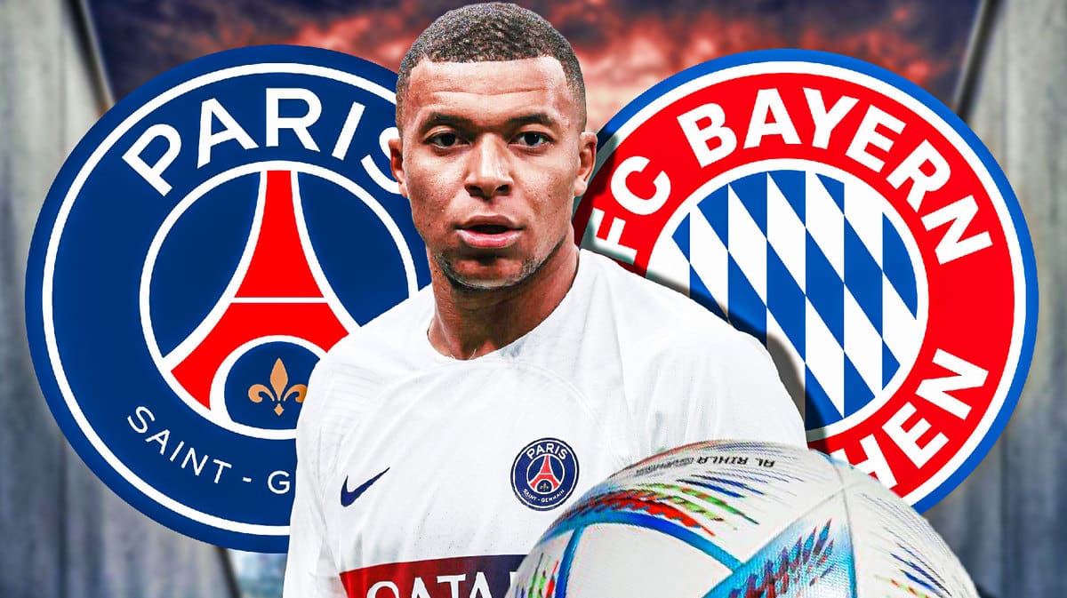 Kylian Mbappe in front of the PSG and Bayern Munich logos