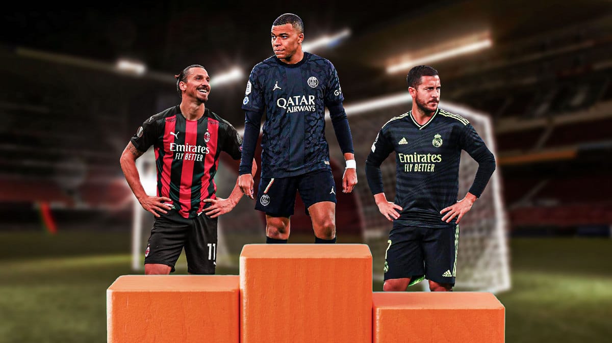 Kylian Mbappe standing on top of a podium the second is zlatan ibrahimovic and the third is eden hazard