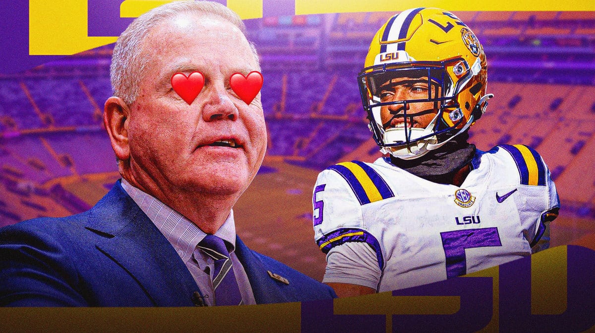 LSU football head coach Brian Kelly and quarterback Jayden Daniels