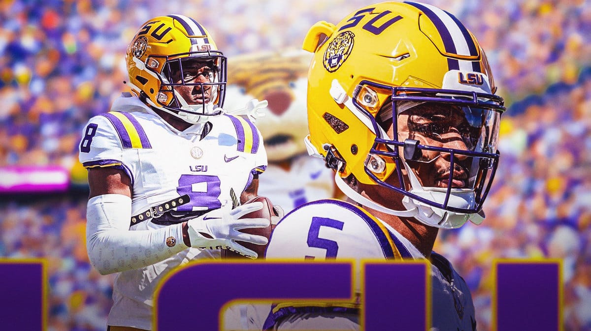 Jayden Daniels and Malik Nabers with the LSU Tigers mascot in the background