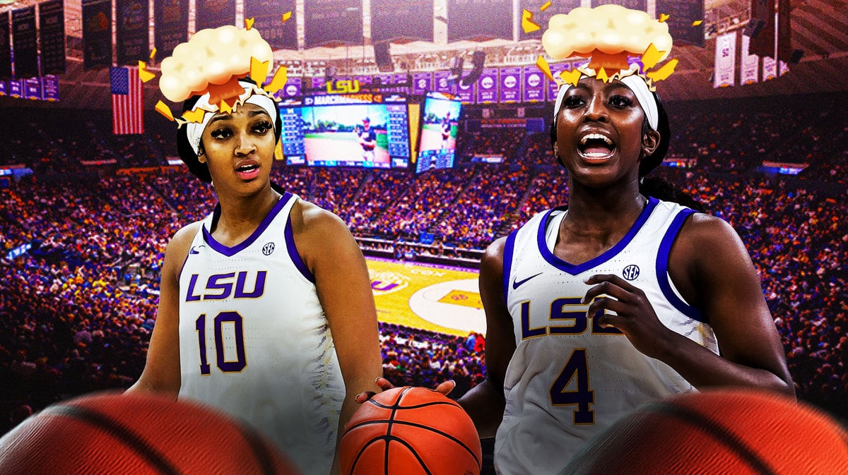 LSU Women's Basketball stars Angel Reese and Flau’jae Johnson with mind-blown heads.