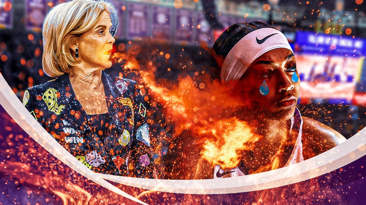 LSU Women's basketball coach Kim Mulkey with fire coming out of her mouth. Angel Reese with animated tears