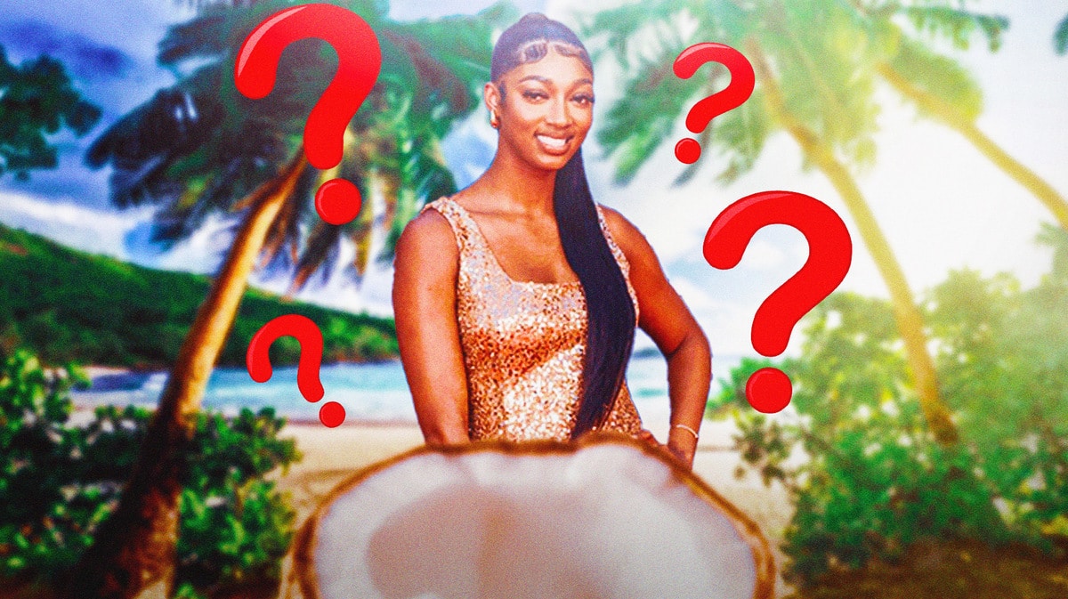 LSU women’s basketball player Angel Reese somewhere tropical on a beach, with question marks surrounding her