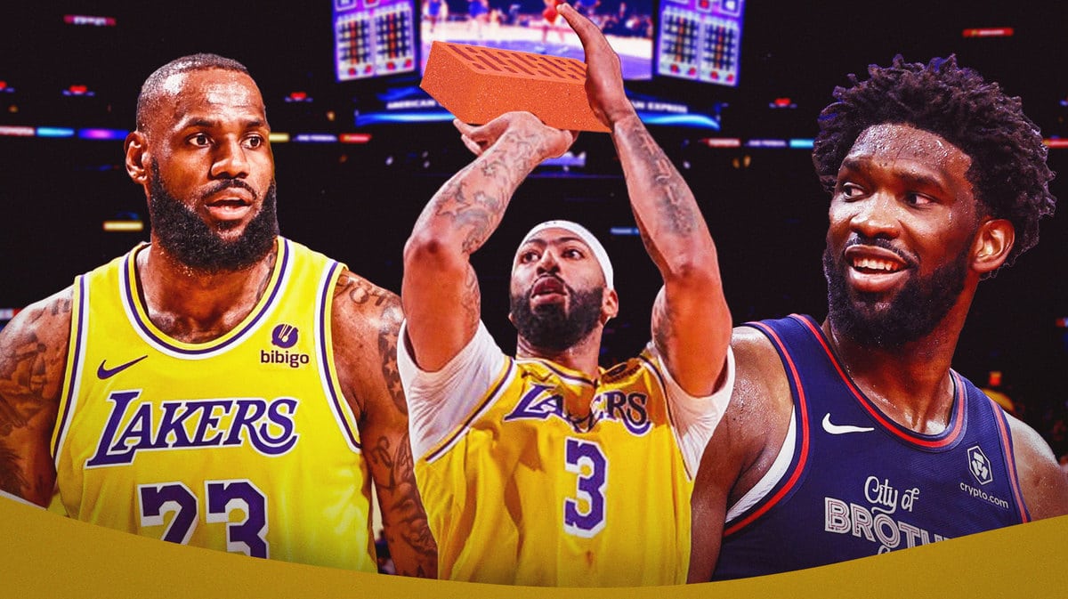 Lakers' Anthony Davis shooting a brick instead of a ball, with Sixers' Joel Embiid laughing and LeBron James looking worried