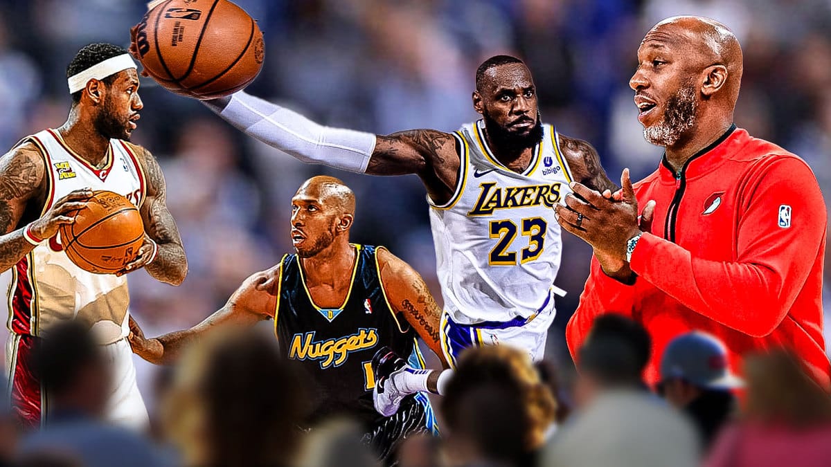Chauncey Billups guarding a young LeBron James (2007 - Cavs vs. Pistons) on the right, with a picture of Billups (present) smiling at current Lakers LeBron James who’s dunking