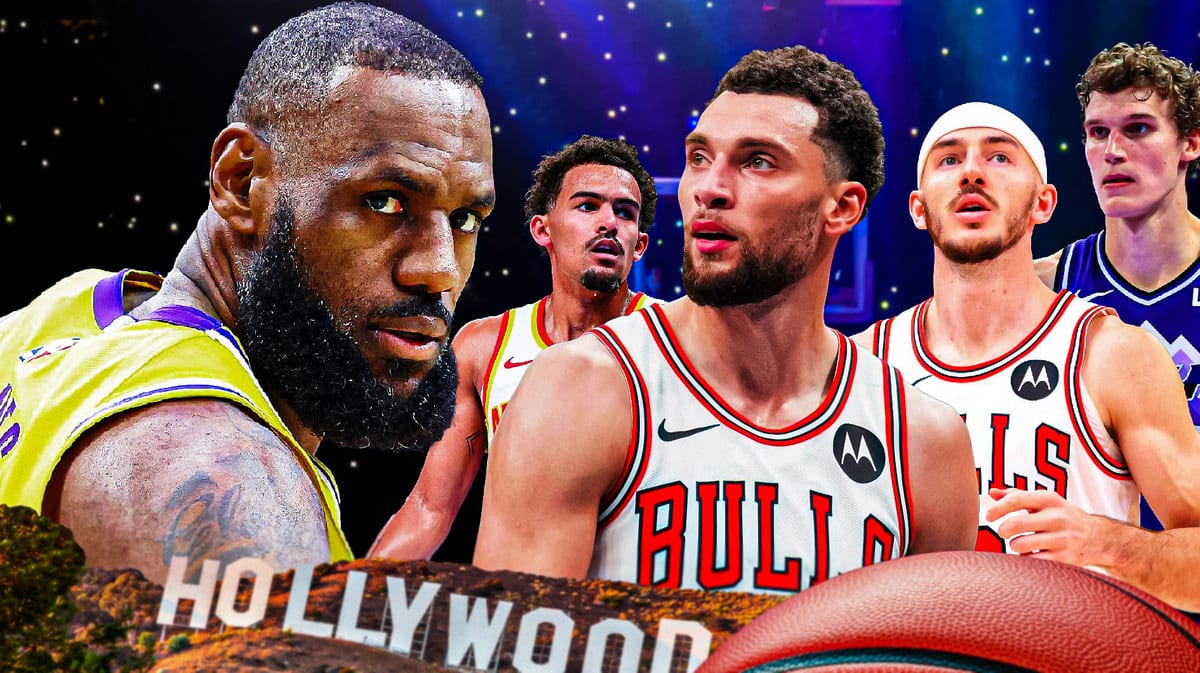 LeBron James looking angry on the left, with Bulls' Zach LaVine and Alex Caruso, Jazz’s Lauri Markkanen, Hawks' Trae Young all on the right