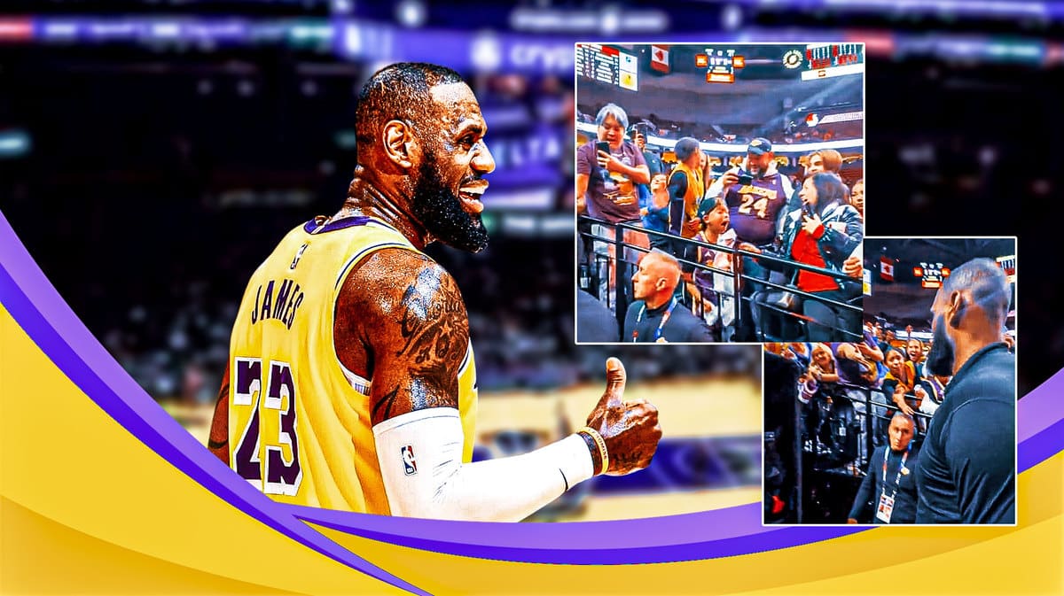Lakers' LeBron James looking happy, with screenshot of James giving his sleeve to the fan on the side