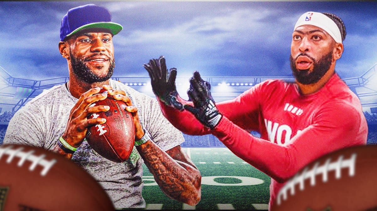 LeBron James as a quarterback throwing a pass to Anthony Davis as a wide receiver