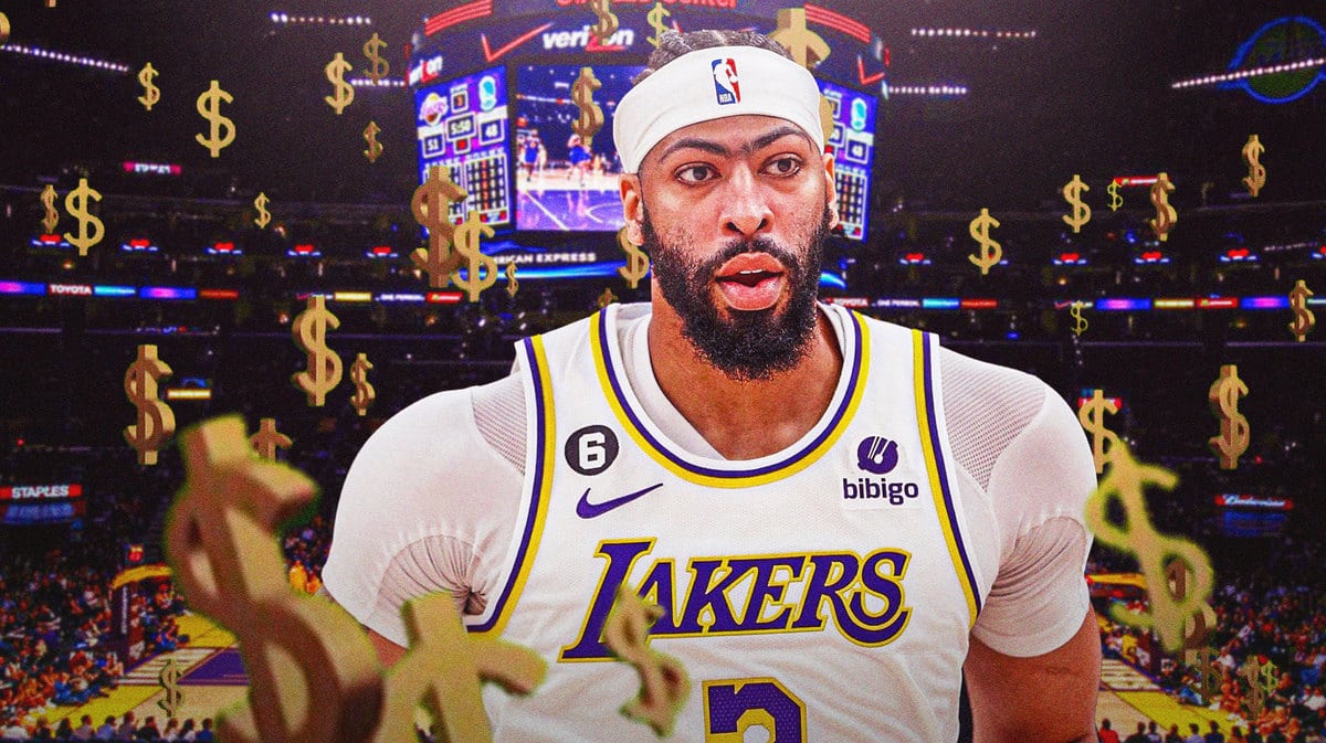 Los Angeles Lakers star Anthony Davis around money signs in front of Crypto.com arena.