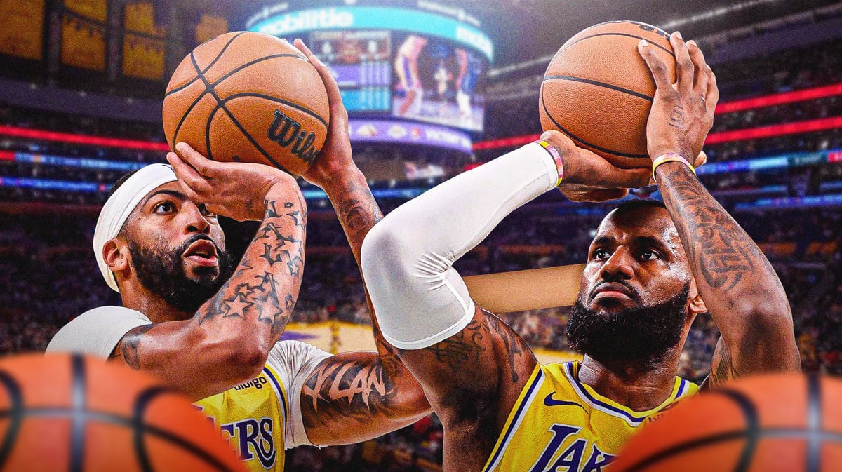 Lakers' LeBron James, Lakers' Anthony Davis, both shooting basketballs