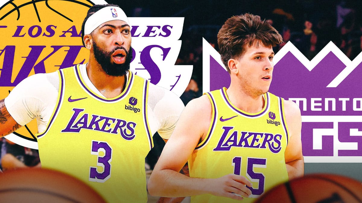 Anthony Davis and Austin Reaves both in image looking stern, LA Lakers and SAC Kings logos, basketball court in background