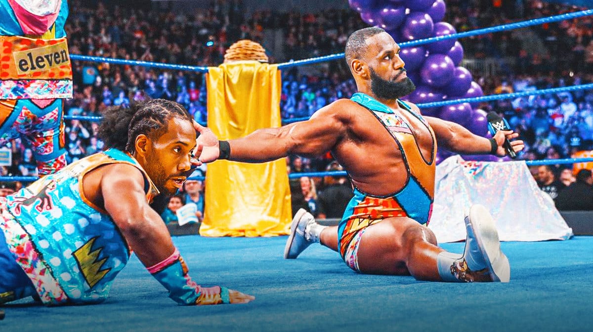 LeBron James of the Lakers as the guy doing a split, Kawhi Leonard of the Clippers as the guy on the left