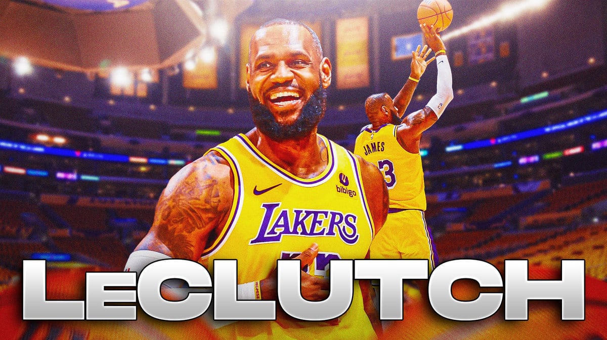 LeBron smiling in a Lakers jersey with a caption at the bottom that says “LECLUTCH”
