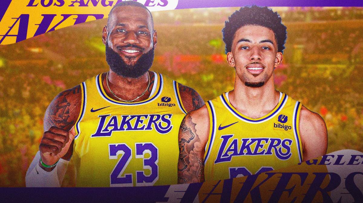LeBron James alongside Scotty Pippen Jr. with the Lakers arena in the background