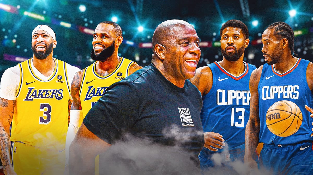 Magic Johnson looking happy in the middle, with Lakers' LeBron James and Anthony Davis celebrating on the left and Clippers' Kawhi Leonard and Paul George looking sad on the right