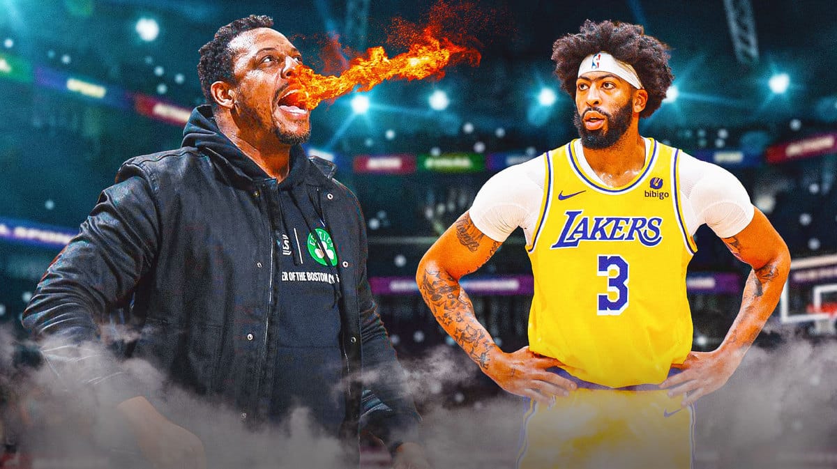 Paul Pierce with fire coming out his mouth, Anthony Davis of the Lakers looking serious.