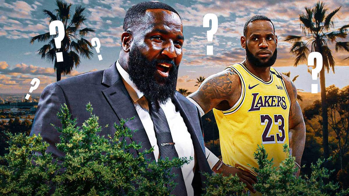 Kendrick Perkins with LeBron James looking on.