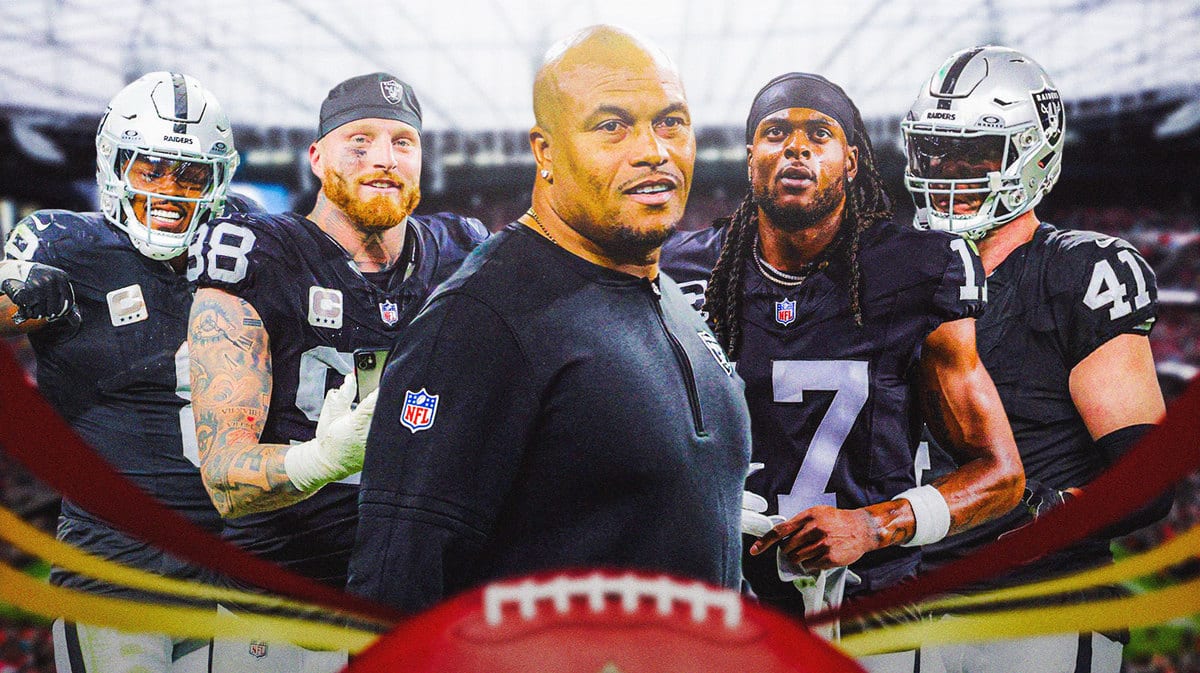 Player-friendly Raiders coach Antonio Pierce surrounded by Davante Adams, Josh Jacobs, Maxx Crosby and Robert Spillane