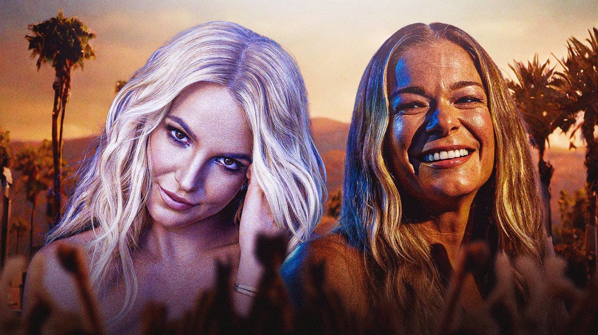 Britney Spears and LeAnn Rimes with palm trees behind them.