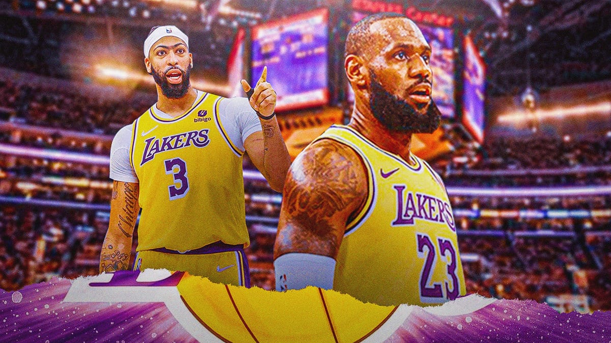 Lakers' LeBron James in front looking serious. Lakers' Anthony Davis in background shooting a basketball.