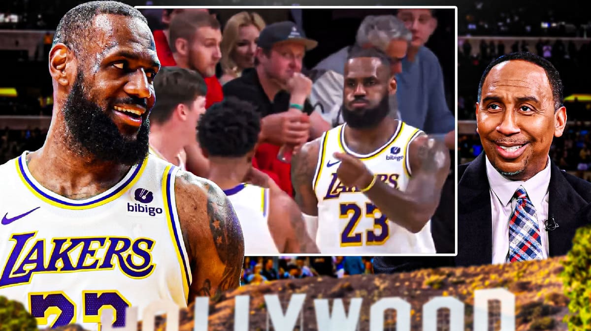 LeBron James of the Lakers laughing and Stephen A. Smith also laughing/smiling