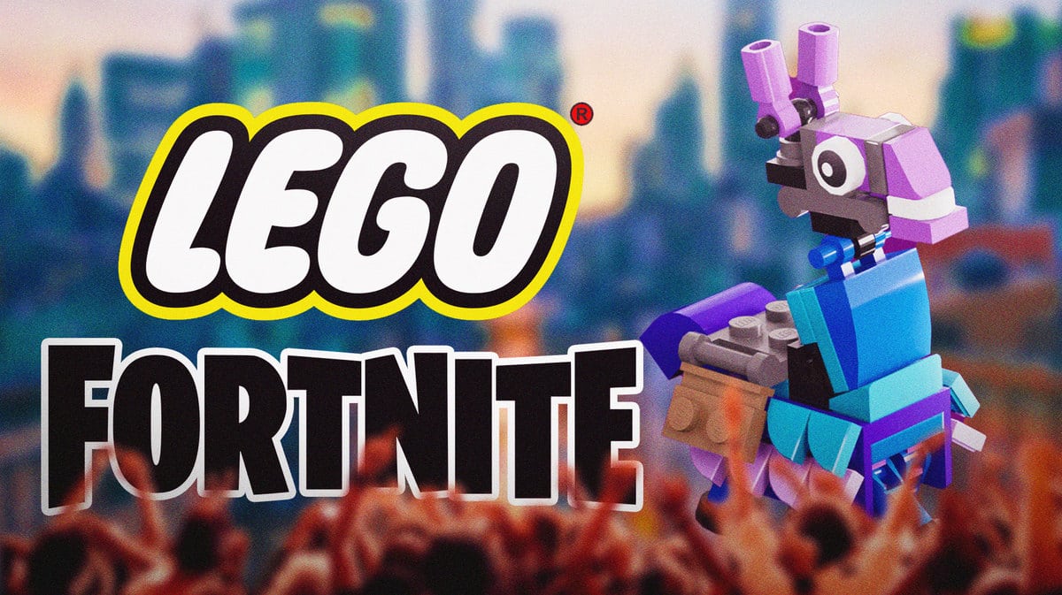 Lego and Fortnite logos next to llama Lego character.