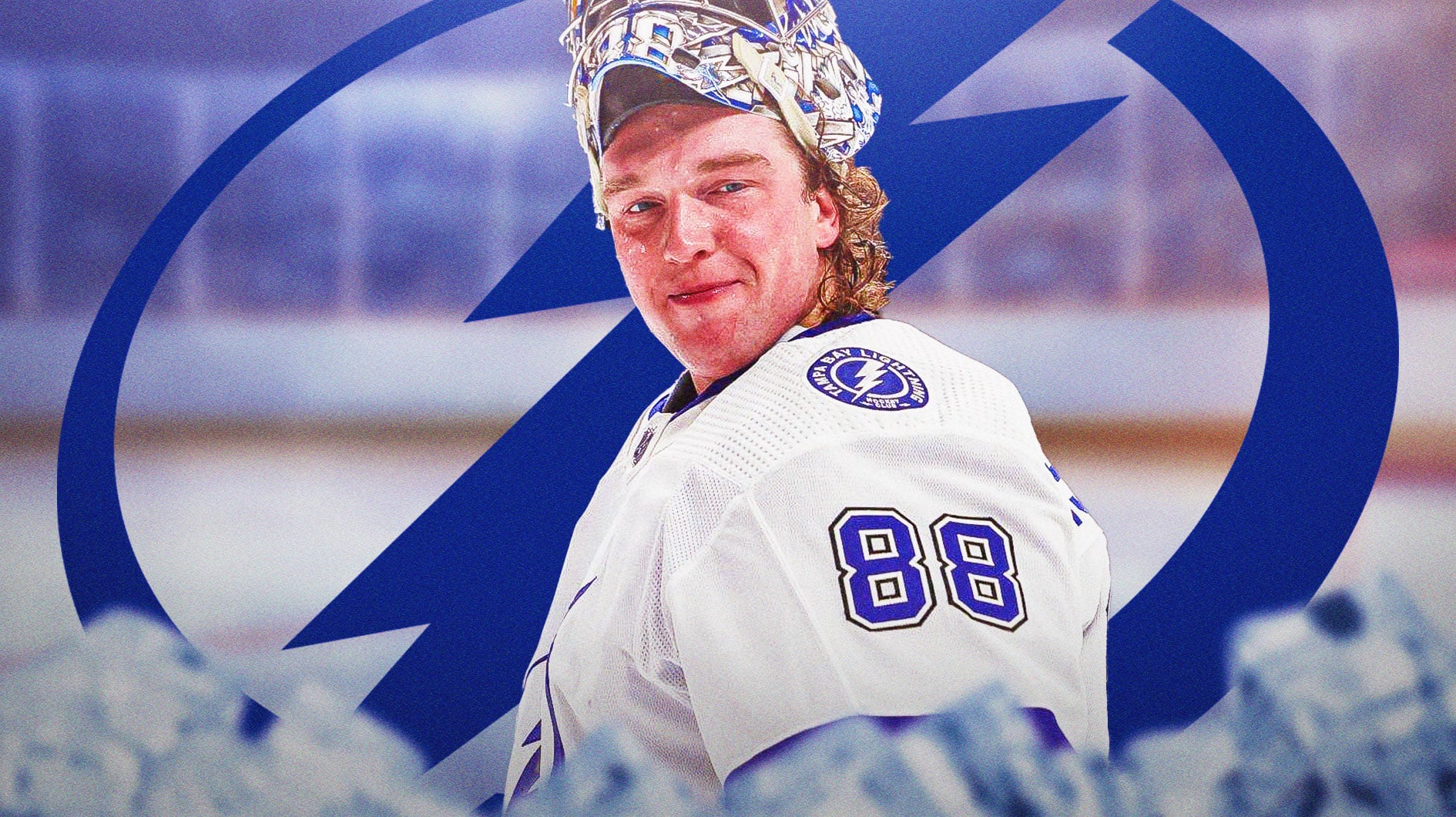 Andrei Vasilevskiy in middle of image looking happy with fire around him, TB Lightning logo, hockey rink in background