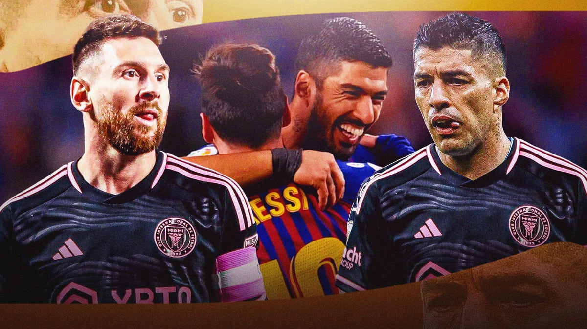 Luis Suarez and Lionel Messi both together in Inter Miami jerseys, also have Suarez and Messi together in Barcelona jerseys from back in the day in the background too