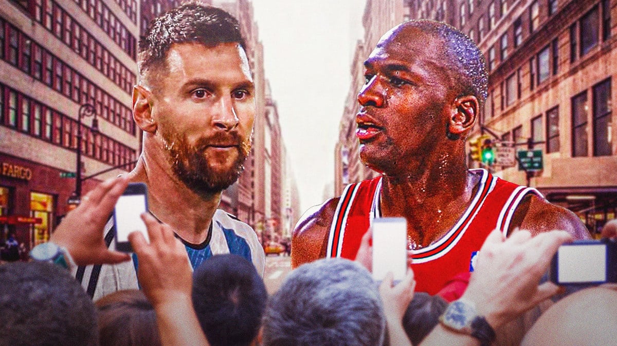 Lionel Messi and Michal Jordan looking towards each other