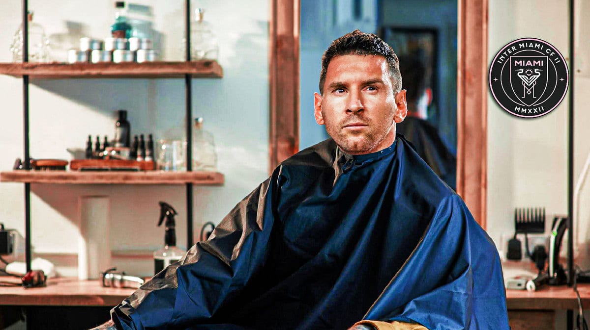 Lionel Messi in a hairsalon, the Inter Miami logo on the wall