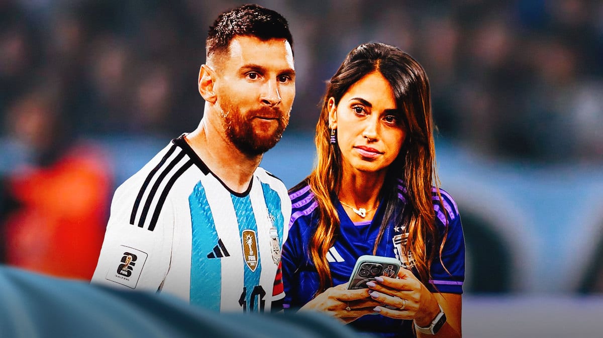 Lionel Messi and his wife Antonela Roccuzzo, police lines in front of them