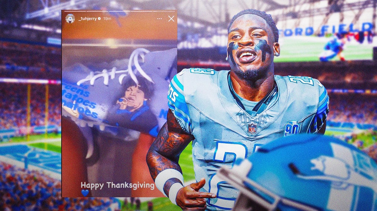 Jerry Jacobs smiling in Lions jersey, screenshot of this tweet video at 1-second mark