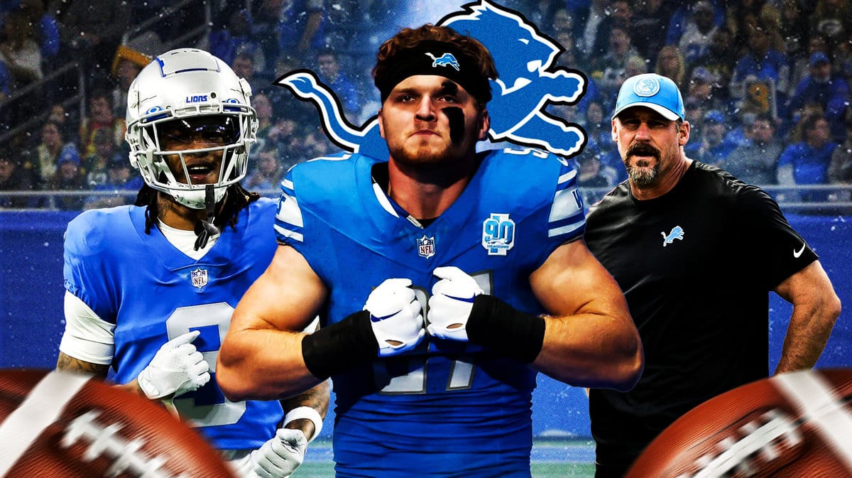 Jameson Williams, Aidan Hutchinson and Dan Campbell with the Lions logo in the background